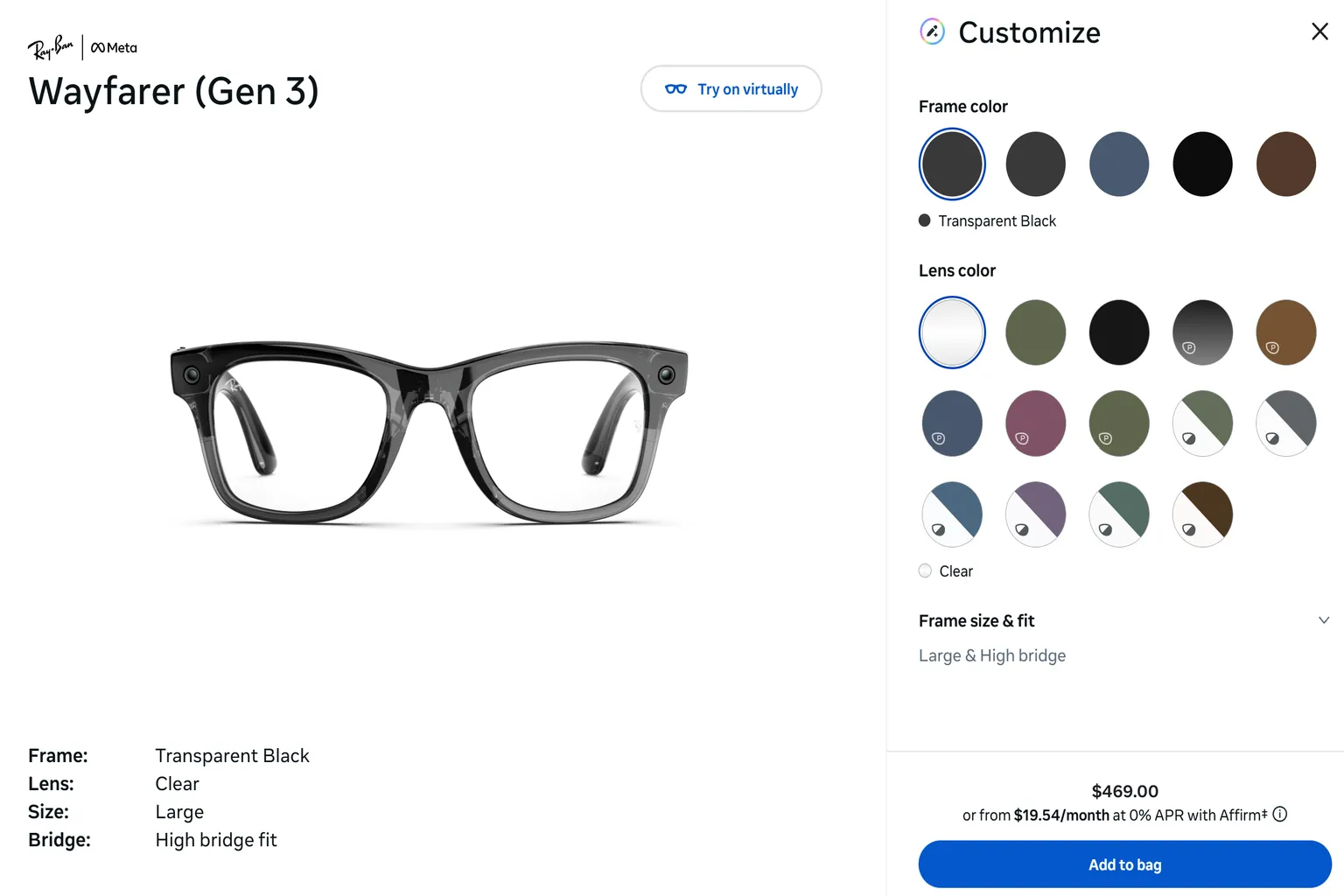 Meta 美國官網 Ray-Ban Meta Wayfarer Gen 3 的 Customize 自訂介面,可自由搭配鏡框顏色、透明鏡片、偏光鏡片及 Transitions 變色鏡片,並選擇鏡框尺寸。圖中為 Transparent Black 透明黑鏡框搭配 Clear 透明鏡片。