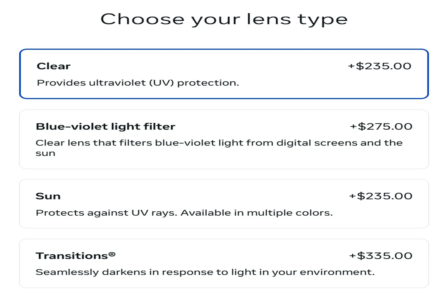 Meta 官網 Ray-Ban Meta AI 眼鏡處方鏡片種類選擇,提供 Clear 透明鏡片、Blue-violet light filter 藍紫光過濾鏡片、Sun 太陽眼鏡及 Transitions 變色鏡片,並顯示各種鏡片的加購價格。
