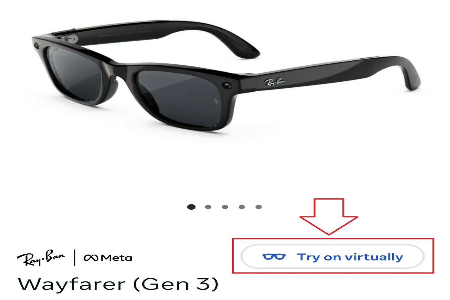 Meta 官網 Ray-Ban Meta Wayfarer Gen 3 AI 智慧眼鏡商品頁面,點選 Try on virtually 線上虛擬試戴按鈕,即可透過手機相機預覽眼鏡戴在臉上的效果。