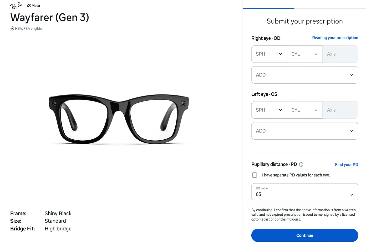 Ray-Ban Meta 處方鏡片度數輸入與瞳距設定畫面
