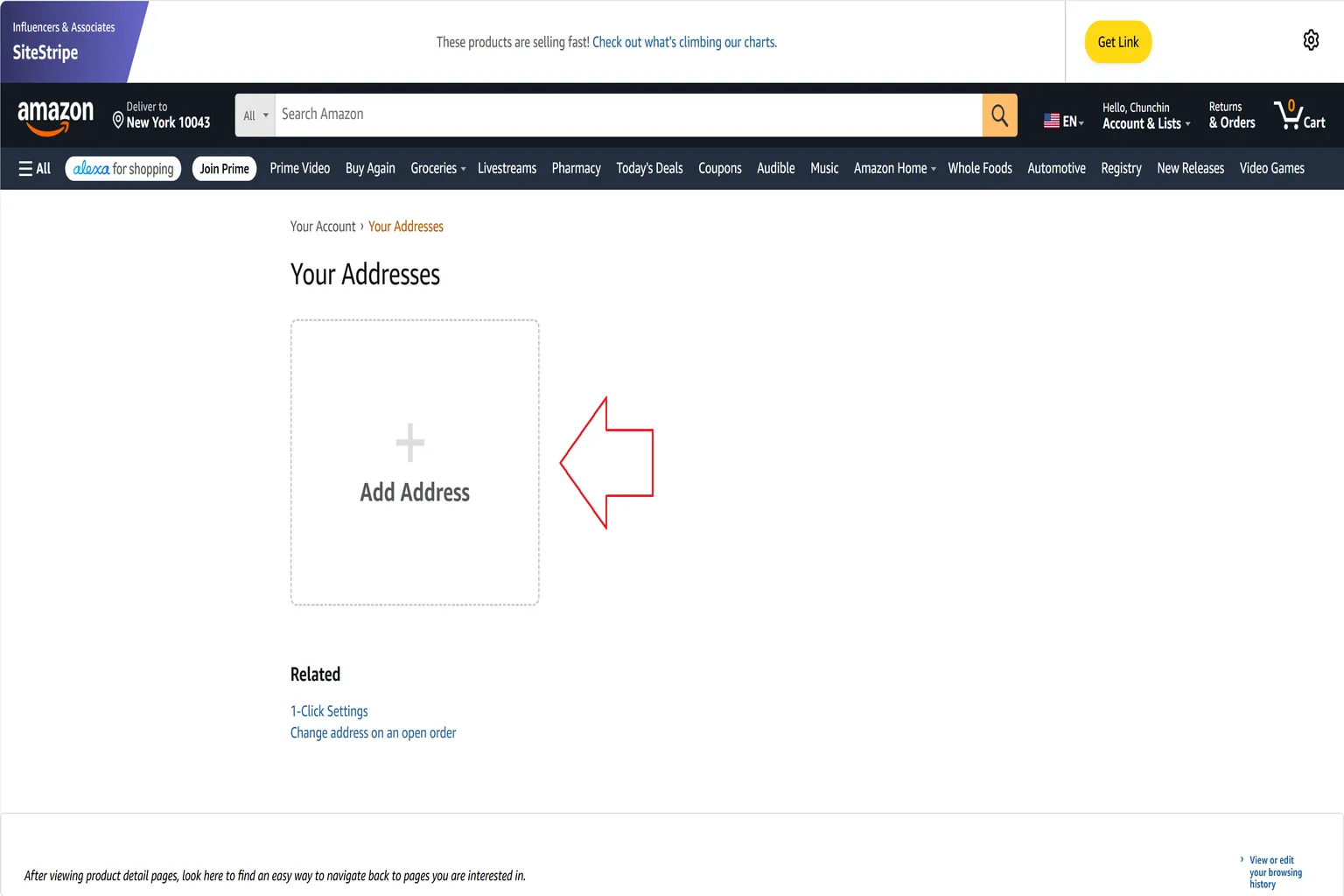 美國 Amazon 帳號的 Your Addresses 地址管理頁面,點選 Add Address 新增收件地址,準備填入 Buy & Ship 美國集運倉庫資訊。