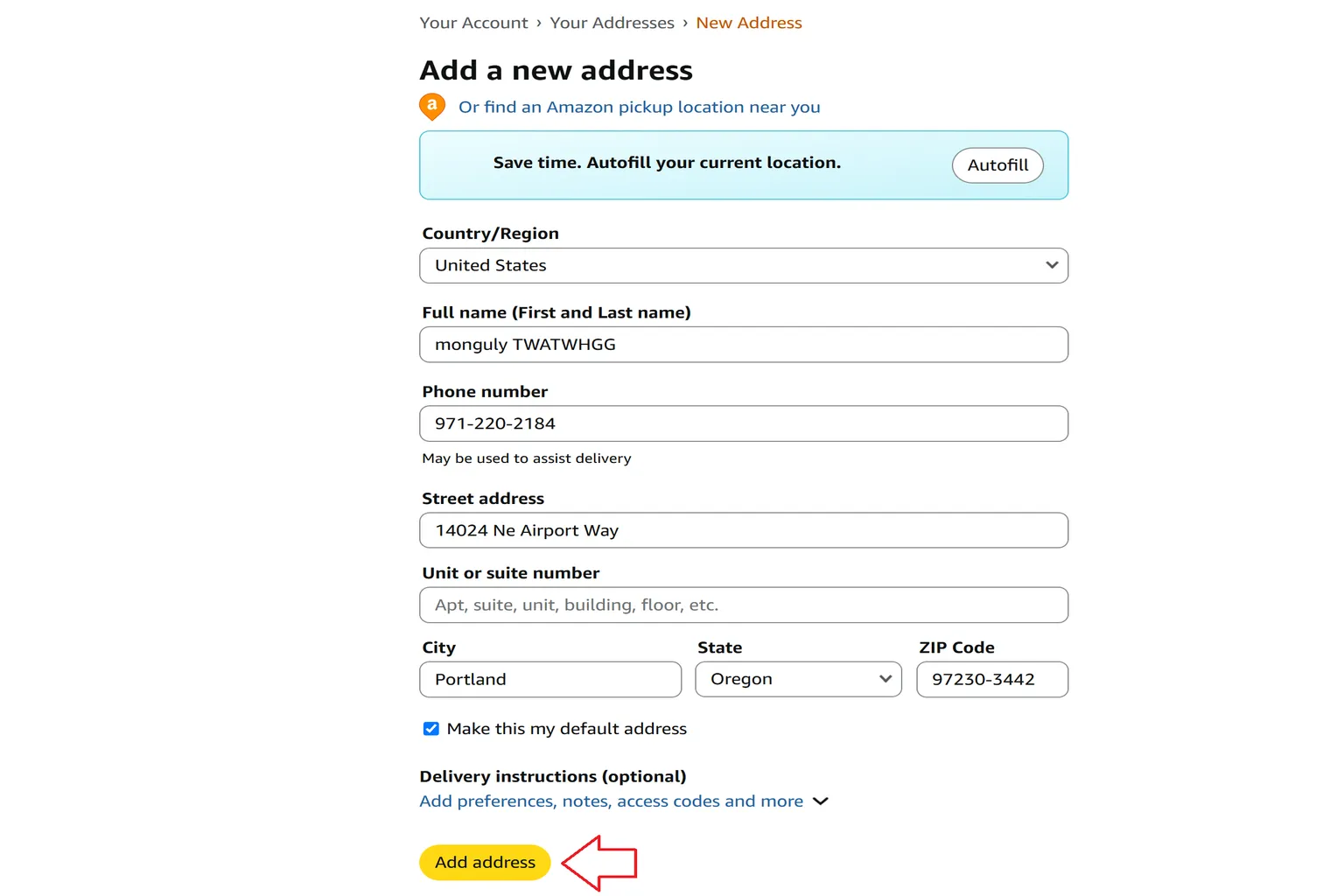 美國 Amazon 新增收件地址的填寫範例,將 Buy & Ship 波特蘭集運倉庫的會員名稱、電話、街道地址、城市、州別與 ZIP Code 郵遞區號填入對應欄位,再點選 Add address 儲存。
