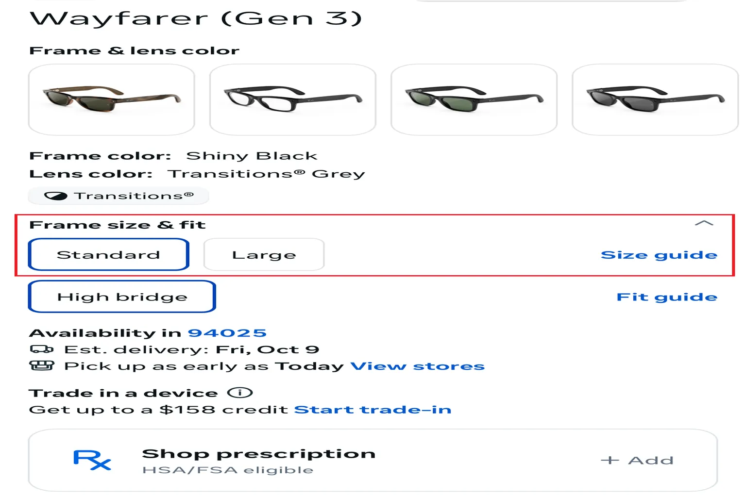Meta 官網 Ray-Ban Meta Wayfarer Gen 3 AI 眼鏡的鏡框尺寸選擇介面,可選擇 Standard 標準尺寸或 Large 大尺寸,並透過 Size guide 查看詳細規格。