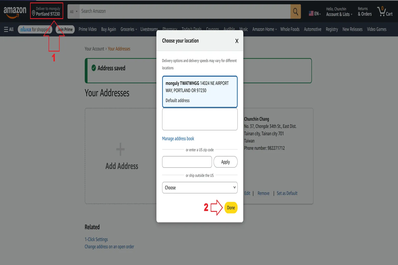 美國 Amazon 配送地區設定畫面,將 Buy & Ship 美國波特蘭集運倉庫設為預設收件地址,確認配送地區為 Portland 97230 後,點選 Done 完成設定。