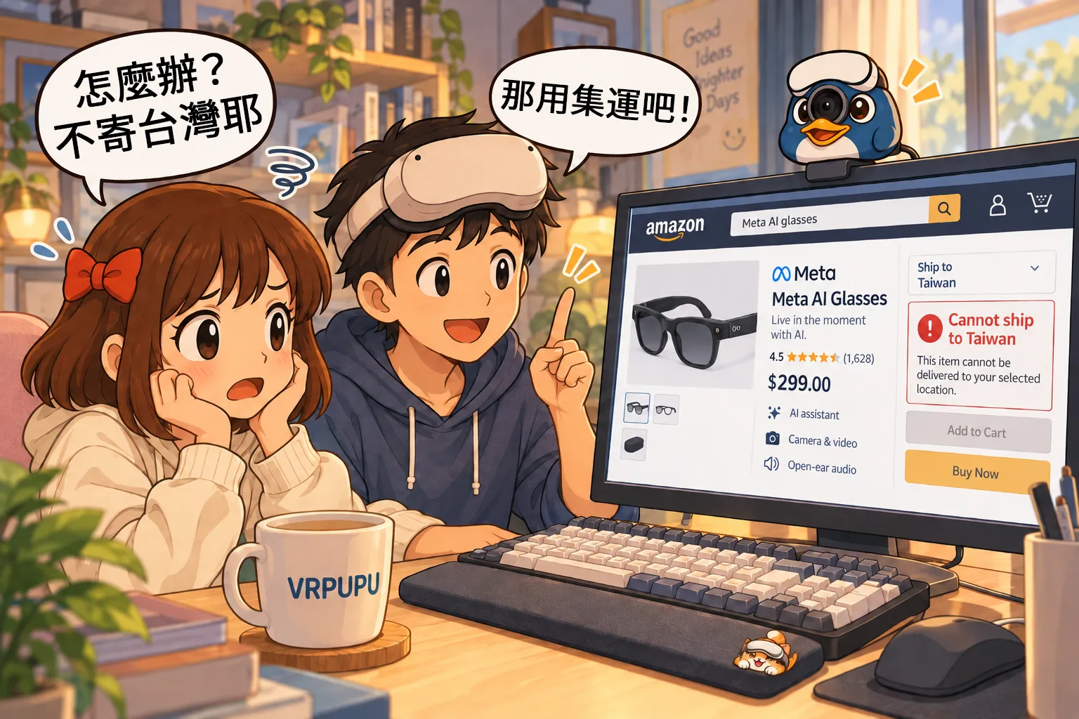 谷谷與盟盟在電腦前選購 Amazon Meta AI 眼鏡，發現商品無法直送台灣，討論透過集運服務購買。