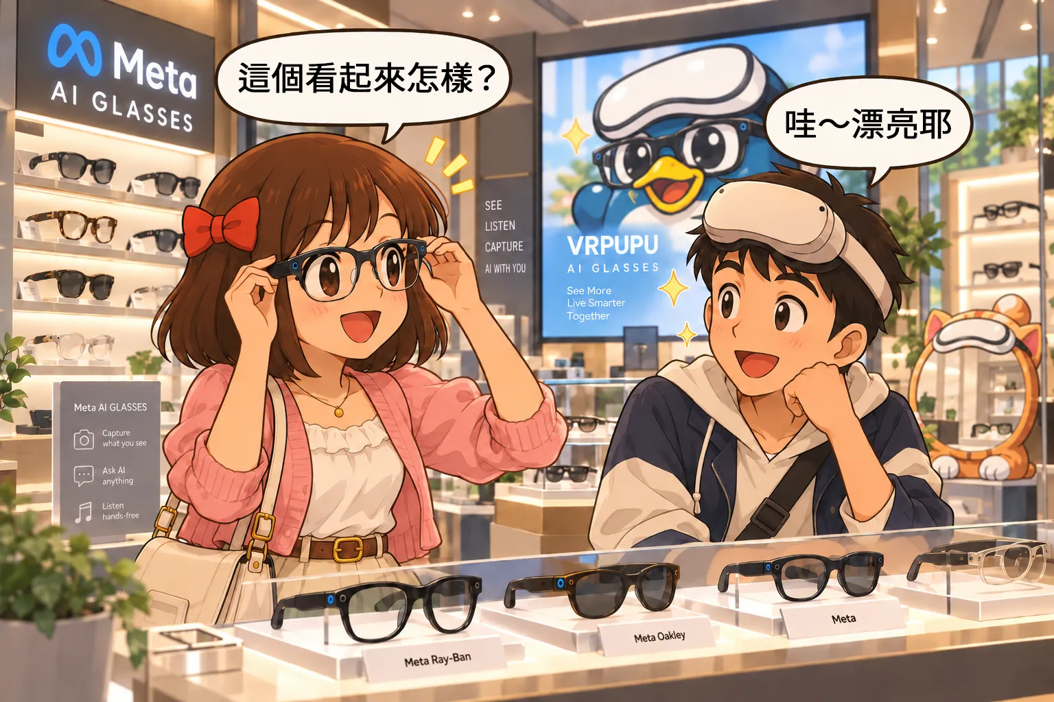 盟盟在 Meta AI 眼鏡店試戴眼鏡,谷谷在旁稱讚,背景展示 VRPUPU 戴著 AI 眼鏡,角落有 VRMUMU 造型鏡子。