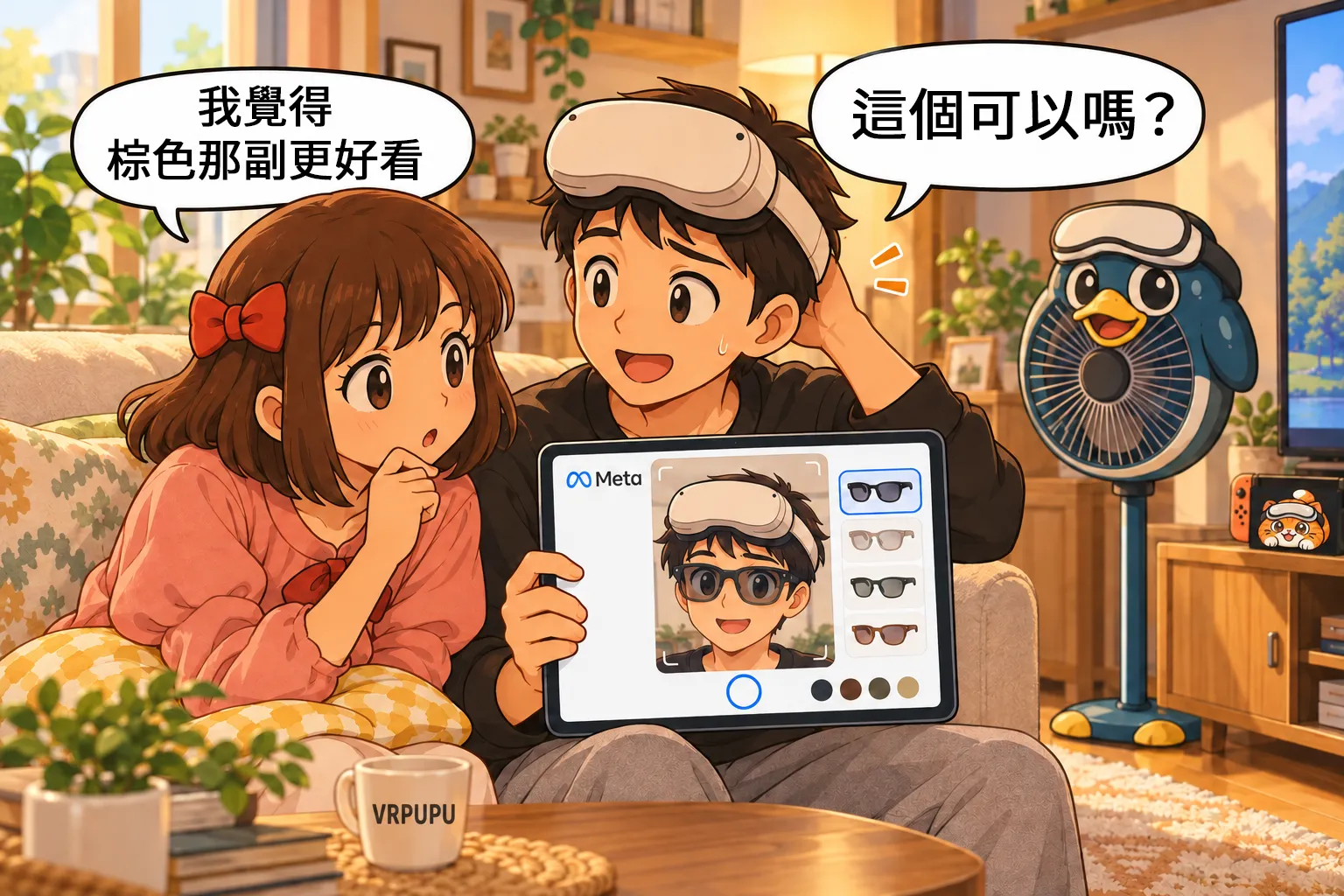 谷谷與盟盟在家中客廳使用平板挑選 Meta AI 眼鏡，平板顯示谷谷透過 Meta 官網線上試戴不同鏡框與鏡片顏色的效果。盟盟戴著紅色蝴蝶結，在旁邊幫忙挑選。右側有 VRPUPU 企鵝造型立扇，電視櫃上的 Switch 則有 VRMUMU 貓咪塗裝，桌上放著印有 VRPUPU 文字的杯子。