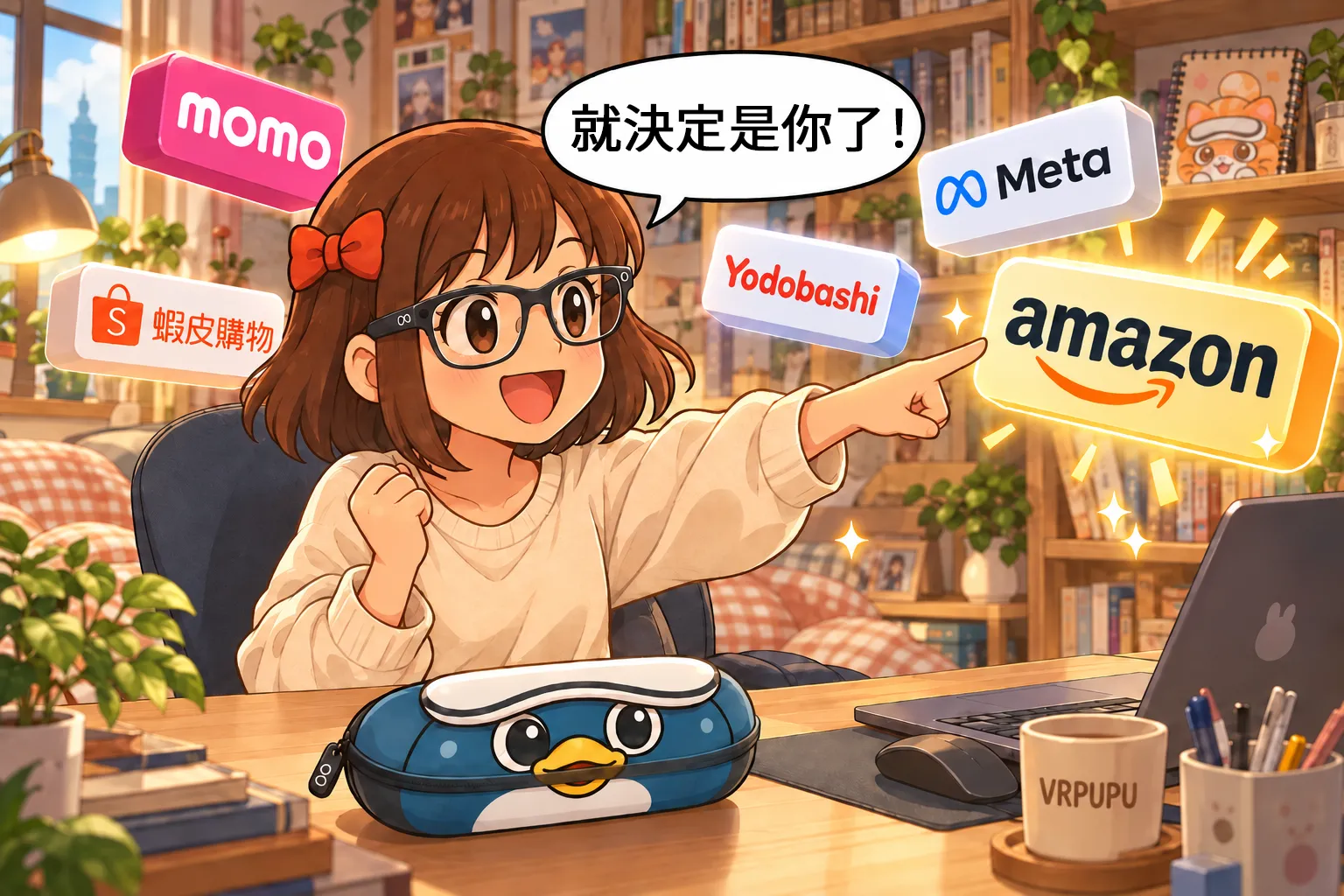 盟盟在台灣書房戴著 Meta AI 眼鏡，開心地指向 Amazon 購物平台，周圍漂浮著 MOMO、蝦皮購物、Yodobashi 與 Meta 官網標誌。桌上放著 VRPUPU 企鵝造型眼鏡盒，後方書架則有 VRMUMU 貓咪畫本，呈現 Meta AI 眼鏡購買通路比較。